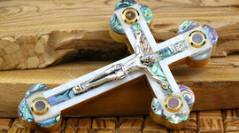 Olive Wood Crucifix with Mother of Pearl inlay and four holy elements