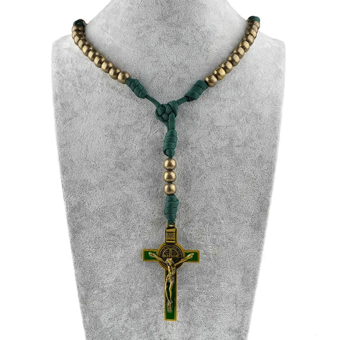 Green men's paracord rosary with Saint Benedict crucifix and bronze 12mm beads.