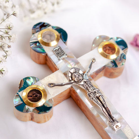 Handmade Olive Wood Crucifix with beautiful Mother of Pearl Decoration