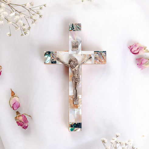 Olive Wood Crucifix decorated with Mother of Pearl