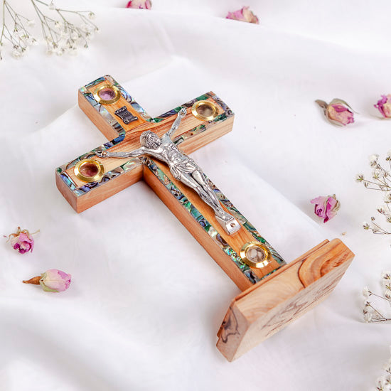 Standing Latin Crucifix from Olive Wood with Nacre Decor