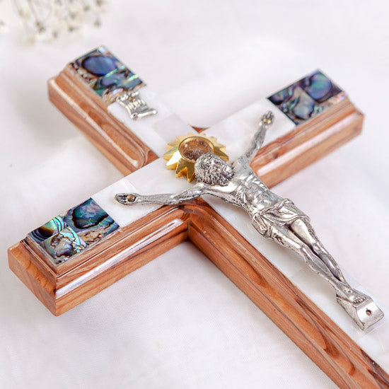 Standing Olive Wood Latin Crucifix with Mother of Pearl