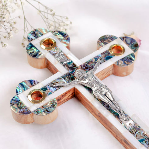 Artisanal Olive Wood Crucifix decorated with Mother of Pearl