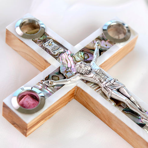 Beautiful Green & White Mother of Pearl Latin Cross from the Holy Land