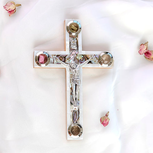 Beautiful Green & White Mother of Pearl Latin Cross from the Holy Land