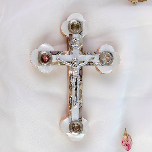 Unique Olive Wood Catholic Crucifix with White Mother of Pearl