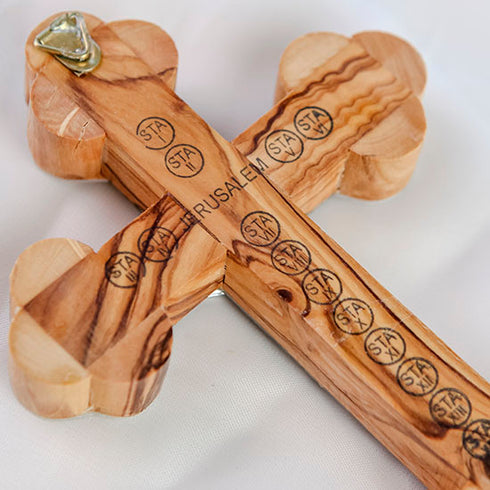 Unique Olive Wood Catholic Crucifix with White Mother of Pearl