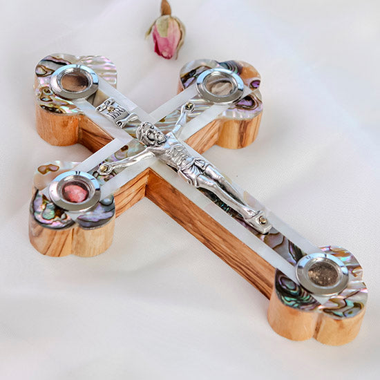 Olive Wood Crucifix with Mother of Pearl and Four Holy Elements