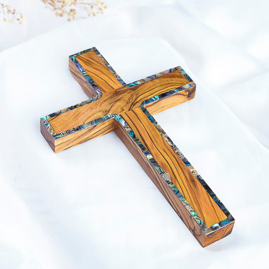 Olive Wood Latin Cross with Mother-of-Pearl and Stations of the Cross