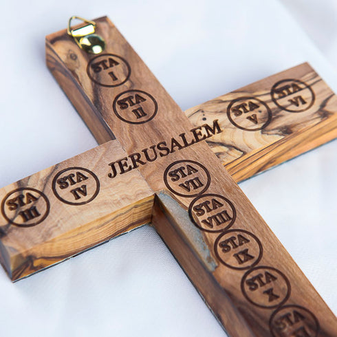 Olive Wood Latin Cross with Mother-of-Pearl and Stations of the Cross