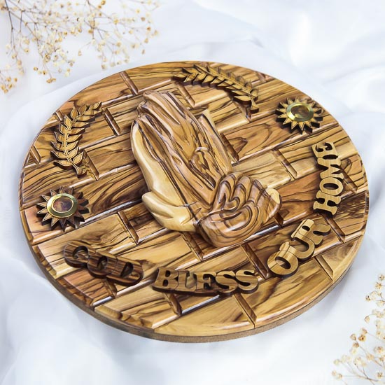 God Bless Our Home - Wall Hanging Olive Wood Plaque with Holy Elements