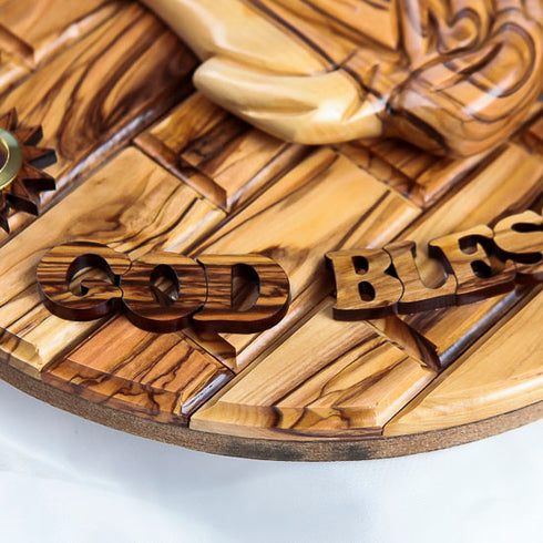 God Bless Our Home - Wall Hanging Olive Wood Plaque with Holy Elements