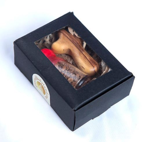 Sacred Holy Soil Vial from Jerusalem with Olive Wood Comfort Cross