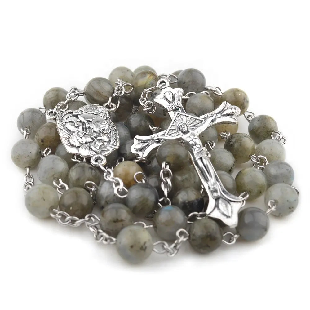 The Holy Family Rosary - Green Labradorite with Antique Silver Finish