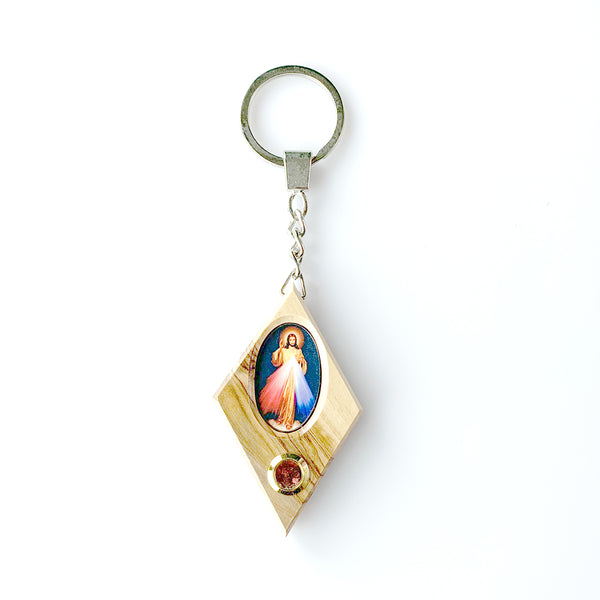 Olive Wood Keychain with Holy Soil and picture