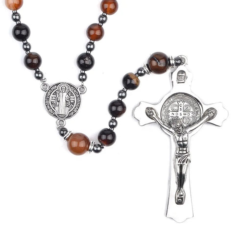 Masculine brown agate rosary featuring St. Benedict silver crucifix and centrepiece medal.