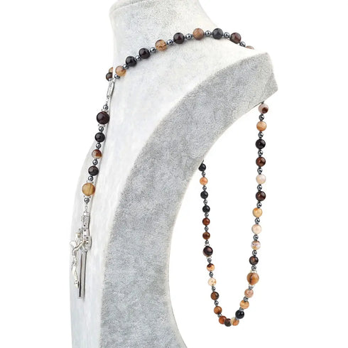 St. Benedict men's rosary with 8mm brown agate beads, shown on a white background.