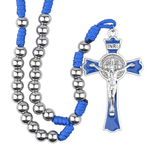 Blue corded rosary with stainless steel beads and blue St.Benedict crucifix on white surface.