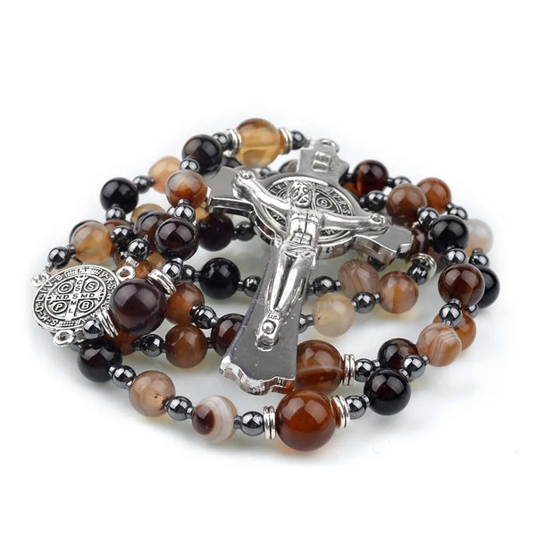 Protector's Path - St.Benedict Crucifix with Brown Agate beads Men's Rosary