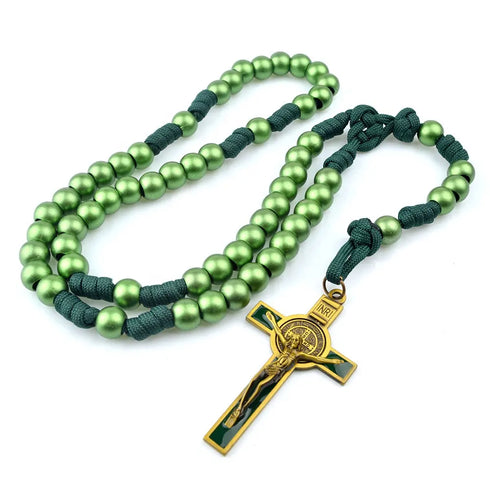 Vibrant Green 12mm Bead Paracord Men´s Rosary with Saint Benedict Crucifix