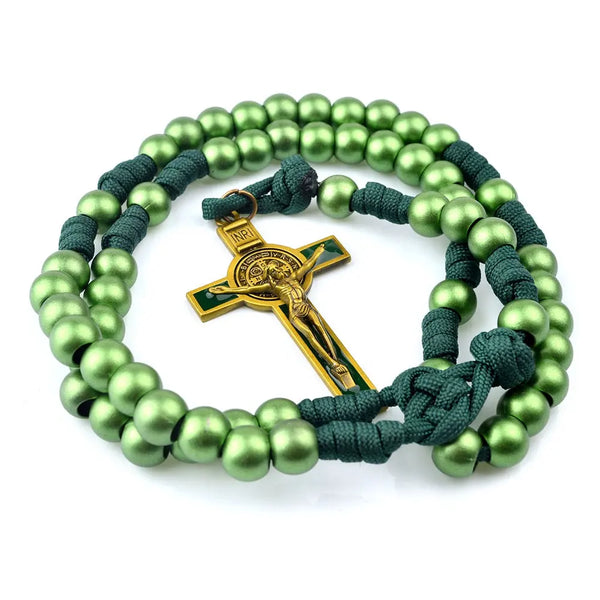 Vibrant Green 12mm Bead Paracord Men´s Rosary with Saint Benedict Crucifix