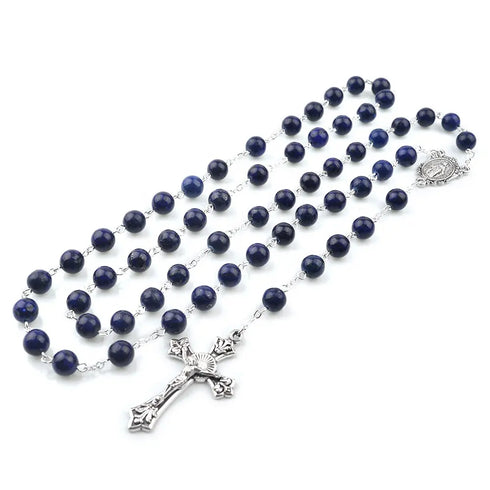 Heavenly Truth - Antique Silver plated Virgin Mary Rosary with Lazurite Lapis beads