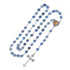 Blue stone rosary with a heart-shaped center piece and crucifix on a white background