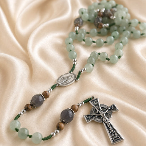 Green Aventurine Irish Rosary with Celtic Cross