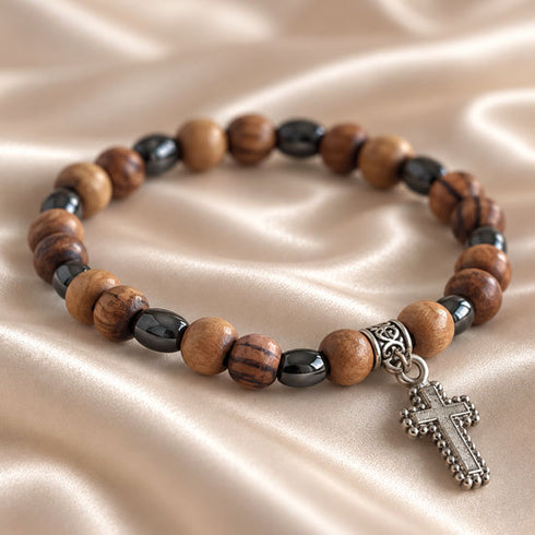 Christian Cross Bracelet with Olive Wood & Hematite