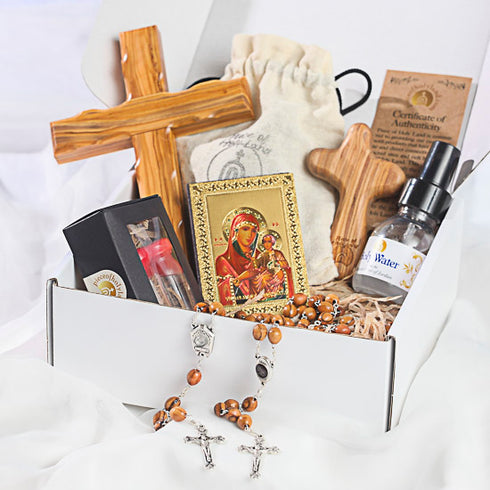 Christian Gift Bundle with olive wood cross, olive wood rosaries, holy water, olive wood comfort cross, holy soil and icon of Mary