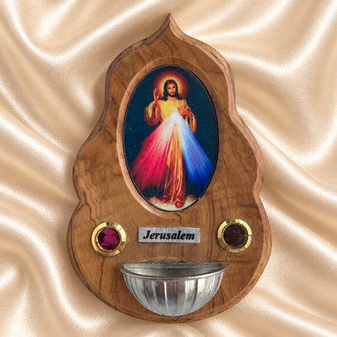 Divine Mercy olive wood holy water font with Jesus image, natural wood grain and small basin