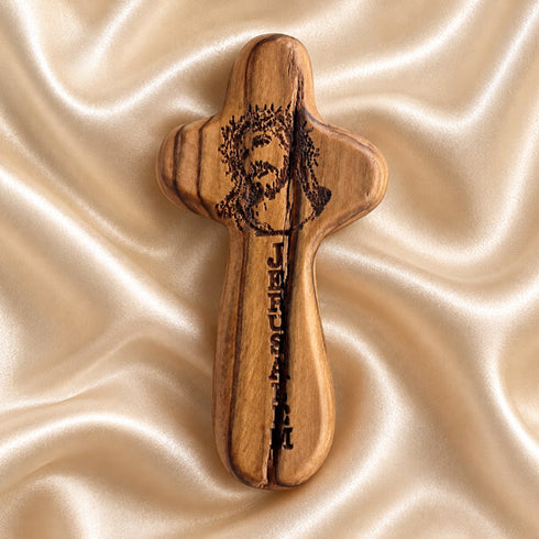 Olive Wood Comfort Cross with Holy Face of Jesus