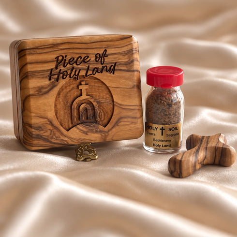 Jerusalem holy soil vial with olive wood comfort cross in gift presentation