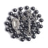 Black hematite rosary with a crucifix and Lourdes Holy Water medal on a white background.