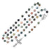 Multicoloured beaded stone rosary with a silver cross on a white background