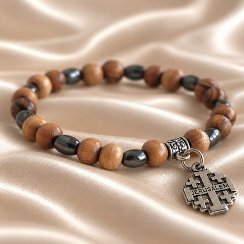 Jerusalem Cross Bracelet with Olive Wood & Hematite