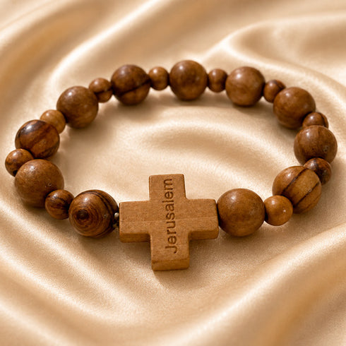 Jerusalem Olive Wood Stretch Bracelet with Wooden Cross