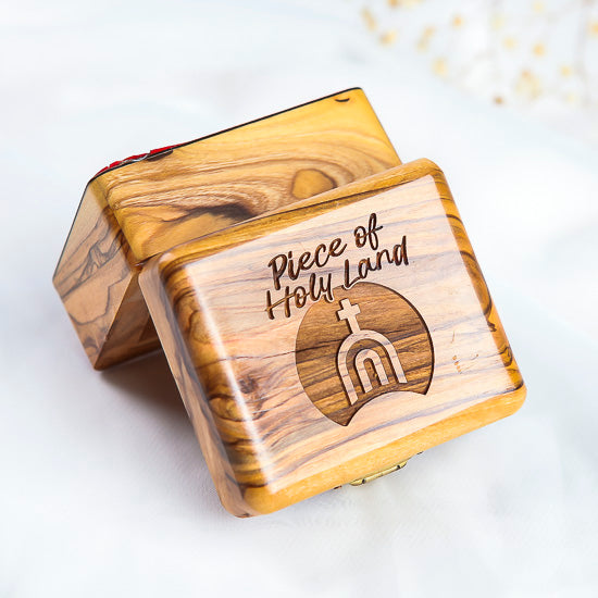 Medium size olive wood box with Piece of Holy Land logo engraved on the lid