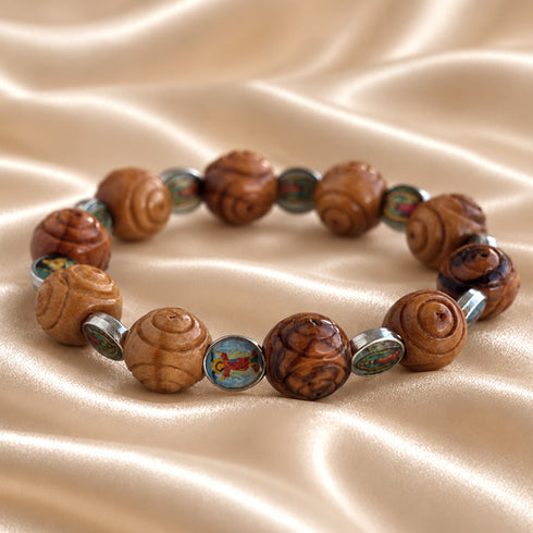 Olive wood Christian devotional bracelet with rose-carved beads and multiple saint icon medals