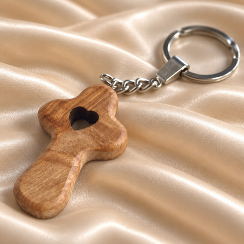 Olive Wood Comfort Cross Keychain with Heart