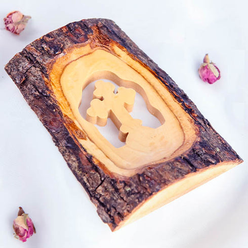 Standing Olive Wood Cross made of Natural Bark