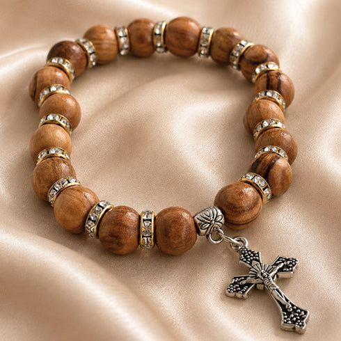Olive Wood Bracelet with Crystal Spacers & Engraved Crucifix
