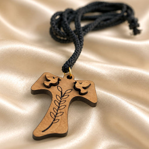 Olive Wood Tau Cross Necklace with Doves & Olive Branch