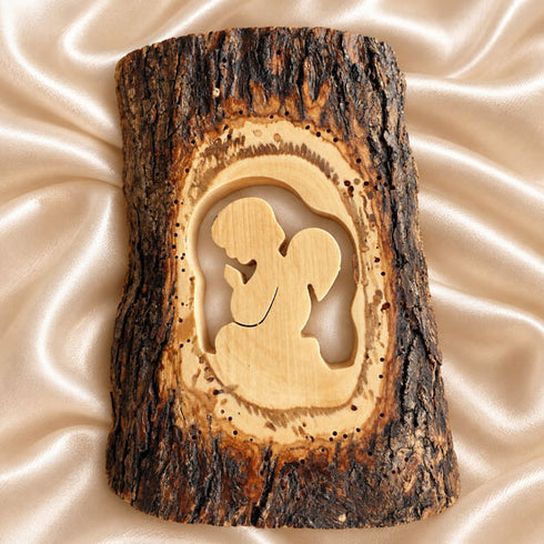 Bethlehem Olive Wood Guardian Angel Plaque in Natural Bark