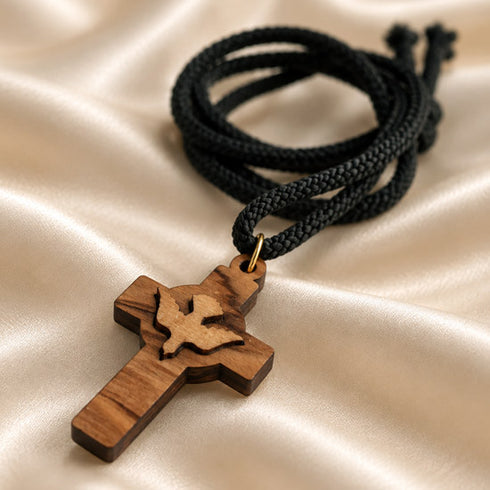 Olive Wood Holy Spirit Dove Cross Necklace from Bethlehem