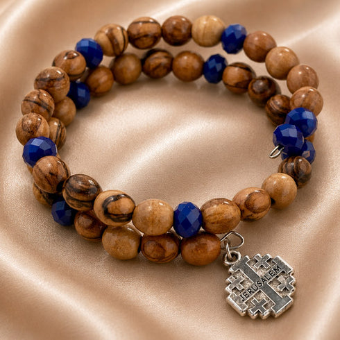 Jerusalem Cross Bracelet with Olive Wood & Blue Crystal