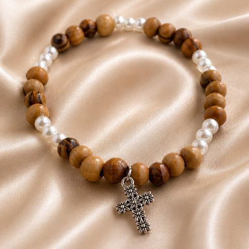 Women’s Olive Wood & Pearl-Tone Christian Bracelet with Cross