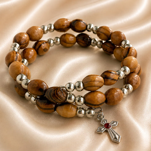 Olive Wood Wrap Bracelet with Silver-Tone Beads & Cross