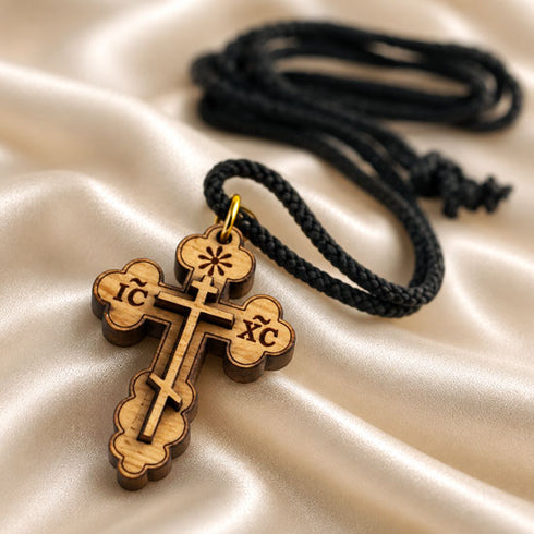 Olive Wood Three-Bar Orthodox Cross Necklace from Bethlehem