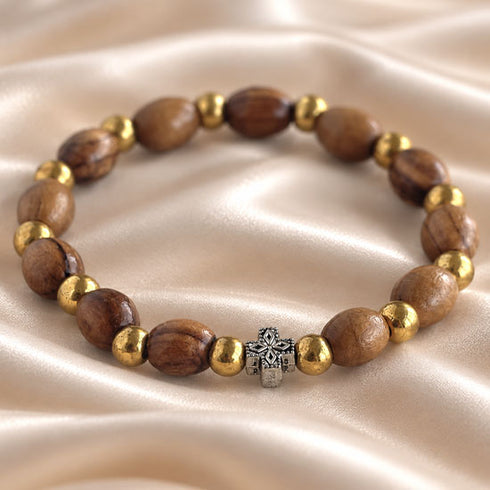 Oval Olive Wood Christian Bracelet with Gold Beads